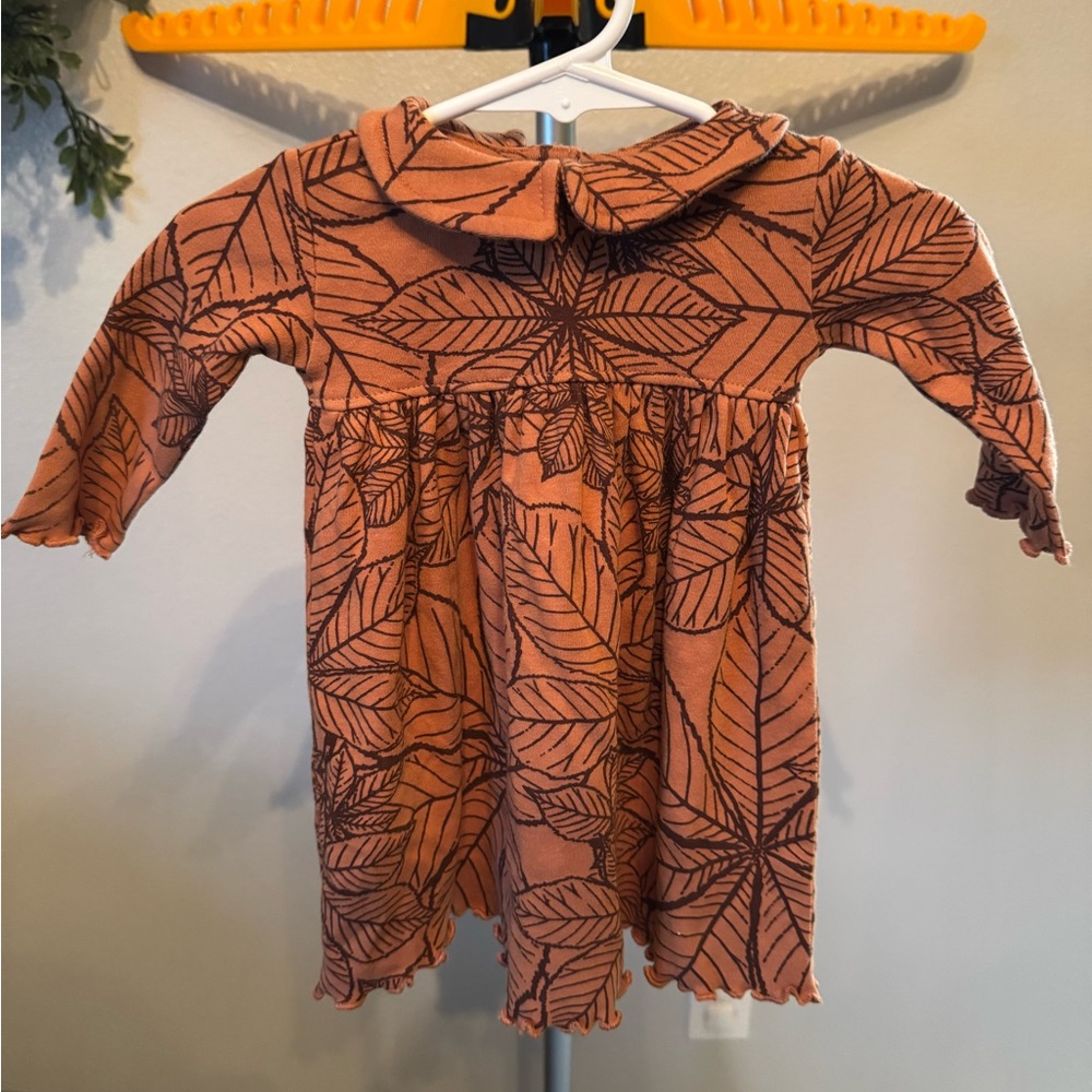 Kate Quinn Brown Leaf Print Dress with Matching Bloomers 100% Organic Cotton